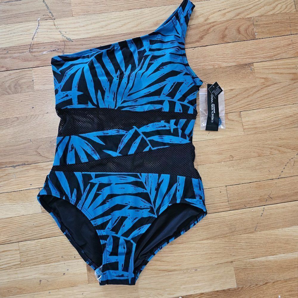 Carmen Marc Valvo Blue black Asymmetrical lace cutouts One Piece Swimsuit Size 6